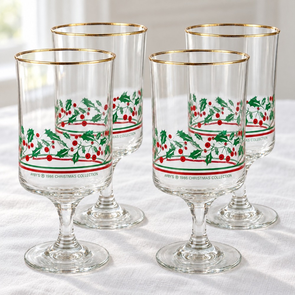 🎄Arby's 1986 Christmas Collection Holly Goblets Gold Rim Set of 4 Vintage